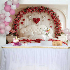 Lofaris Valentinstag Fotohintergrund Silberne Herz Ballons Blumenbogen Schlafzimmer Dekoration
