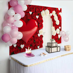 Lofaris Valentinstag-Hintergrund silberne Herzballons Blumenbogen Schlafzimmerdekoration