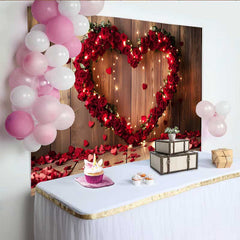 Lofaris Valentinstag Fotohintergrund Rustikales Holz Rote Rosen Herz Lichterkette Dekoration