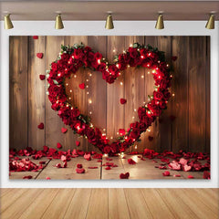 Lofaris Valentinstag Fotohintergrund Rustikales Holz Rote Rosen Herz Lichterkette Dekoration