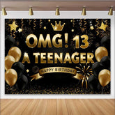 Lofaris 13. Geburtstag Hintergrund OMG Teenager Gold Schwarz Party Deko