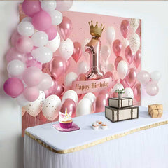 Lofaris 1. Geburtstag Hintergrund 3D Rosa Weiße Ballons Gold Krone