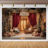 Lofaris Weihnachten Hintergrund Bärenhaus Rote Samtvorhänge Teddybär