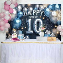Lofaris Modern Blau Silber 10. Geburtstag Hintergrund Ballon Zahl Geschenkbox Banner