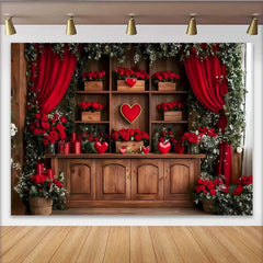 Lofaris Romantischer Roter Vorhang Hintergrund Holzregal Herzen Rosen Geschenkbox