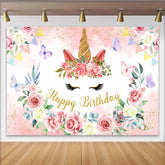 Lofaris Blumen Einhorn Gesicht Hintergrund Goldenes Horn Rosa Rosen Mädchen Geburtstag Deko
