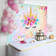 Lofaris Einhorn Happy Birthday Hintergrund Pastell Regenbogen Glitzer Goldstern Party Deko