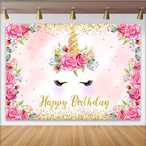 Lofaris Rosa Rosen Einhorn Geburtstag Hintergrund Blumen Gold Glitzer Horn Wimpern Kinder