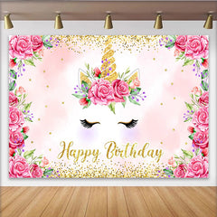 Lofaris Rosa Rosen Einhorn Geburtstag Hintergrund Blumen Gold Glitzer Horn Wimpern Kinder