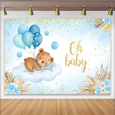 Lofaris Schlafender Bär auf Wolke Babyparty Hintergrund Blaue Ballons Pampasgras Jungen