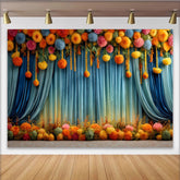 Lofaris Pom Pom Blumen Bühne Hintergrund Blauer Vorhang Hängende Blumen