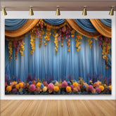 Lofaris Hängende Blumen Bühne Hintergrund Blaue Vorhänge Gelbe Blumenranken