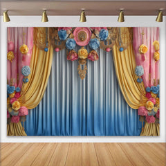 Lofaris Pastell Blumen Bühne Hintergrund Gelb Blaue Drapierung Pinke Ornamente
