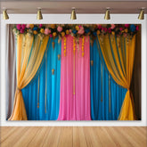 Lofaris Blau Pink Bühne Hintergrund Gelbe Girlande Vorhänge Goldene Quasten