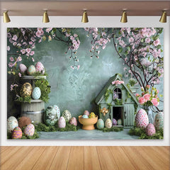 Lofaris Ostern Blüten Vogelhaus Hintergrund Türkise Wand Gemusterte Eier