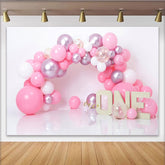 Rosa Ballonbogen Erster Geburtstag Cake Smash Hintergrund EINS Schild Mädchen Party