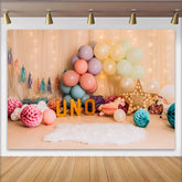 Pastell Ballon Einhorn Erster Geburtstag Cake Smash Hintergrund UNO Schild Vorhang