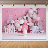 Winter Rosa Schneeflocke Erster Geburtstag Cake Smash Hintergrund Weiße Bäume EINS