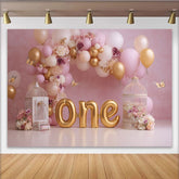 Rosa Gold Ballon Erster Geburtstag Cake Smash Hintergrund Blumen Käfig Schmetterling