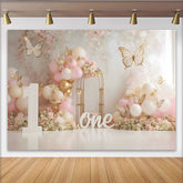 Rosa Blumen Ballon Erster Geburtstag Cake Smash Hintergrund Gold Schmetterling EINS