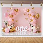 Rosa Gold Ballon Erster Geburtstag Cake Smash Hintergrund Weiß EINS Schmetterling