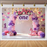 Lila Rosa Ballon Erster Geburtstag Cake Smash Hintergrund Blumen EINS Schaukelpferd