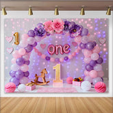 Rosa Lila Ballon Erster Geburtstag Cake Smash Hintergrund Blumen EINS Folienbriefe