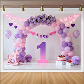 Lila Rosa Ballon Erster Geburtstag Cake Smash Hintergrund Blumen 1 EINS Banner
