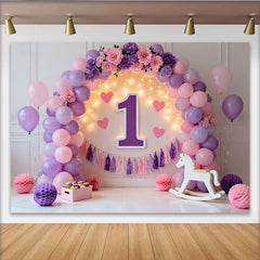 Lila Rosa Ballon Erster Geburtstag Cake Smash Hintergrund Beleuchtet 1 Herz Quaste