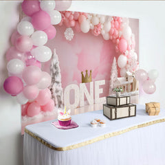 Winter Wonderland Erster Geburtstag Hintergrund Rosa Ballon EINS Krone Mädchen