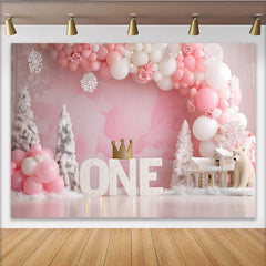 Winter Wonderland Erster Geburtstag Hintergrund Rosa Ballon EINS Krone Mädchen