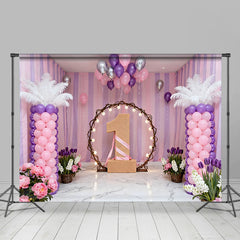 Lofaris Lila Pink Blumen 1. Geburtstag Fotohintergrund Beleuchteter Reifen Eins