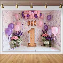 Lofaris Pink Lila Ballon 1. Geburtstag Fotohintergrund Blumen Tapete Holz Eins