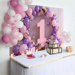 Lofaris Lila Schmetterling 1. Geburtstag Cake Smash Hintergrund Blumen Eins Ballon