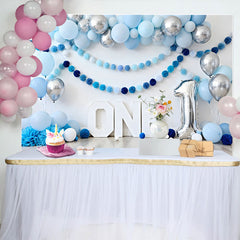 Lofaris Blau Silber Ballon Geburtstag Cake Smash Hintergrund EINS Pom Pom Girlande