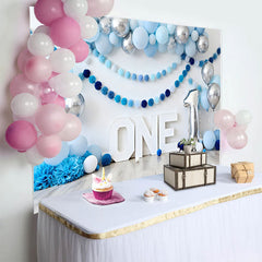 Lofaris Blau Silber Ballon Geburtstag Cake Smash Hintergrund EINS Pom Pom Girlande