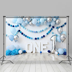 Lofaris Blau Silber Ballon Geburtstag Cake Smash Hintergrund EINS Pom Pom Girlande