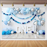 Lofaris Blau Silber Ballon Geburtstag Cake Smash Hintergrund EINS Pom Pom Girlande