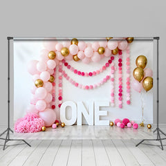 Lofaris Pink Gold Ballon Geburtstag Cake Smash Hintergrund EINS Pom Pom Girlande