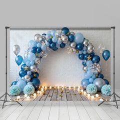 Lofaris Blau Silber Ballon Weiße Ziegelwand Geburtstag Cake Smash Hintergrund Holz