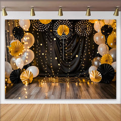 Lofaris Schwarz Gold Cake Smash Hintergrund Elegante Lichterkette Papierfächer