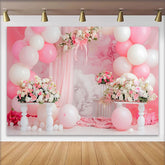 Lofaris Pink Blumenbogen Cake Smash Hintergrund Weiße Ballons Drapierung Mädchen