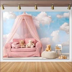Lofaris Pinkes Baldachin Sofa Teddybär Cake Smash Hintergrund Blauer Himmel Wolken Mädchen