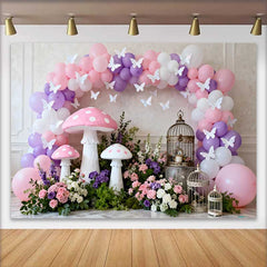 Lofaris Feen Pinker Pilz Vogelkäfig Frühling Hintergrund Blumen Ballonbogen Mädchen