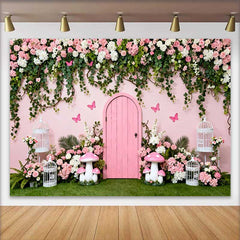 Lofaris Geheime Pinke Tür Frühling Blumenranken Hintergrund Feen Garten Pilz Mädchen