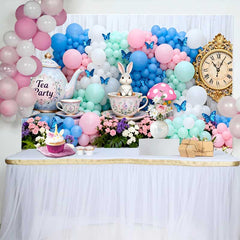 Lofaris Vintage Uhr Teeparty Hase Ostern Hintergrund Pastell Ballonbogen Frühling
