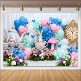 Lofaris Vintage Uhr Teeparty Hase Ostern Hintergrund Pastell Ballonbogen Frühling