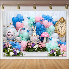 Lofaris Vintage Uhr Teeparty Hase Ostern Hintergrund Pastell Ballonbogen Frühling