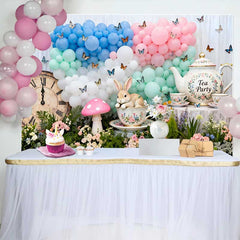 Lofaris Teeparty Hase Vintage Uhr Ostern Hintergrund Pastell Ballon Schmetterling