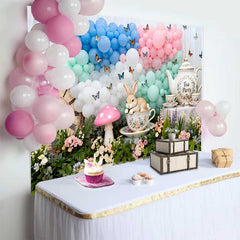 Lofaris Teeparty Hase Vintage Uhr Ostern Hintergrund Pastell Ballon Schmetterling